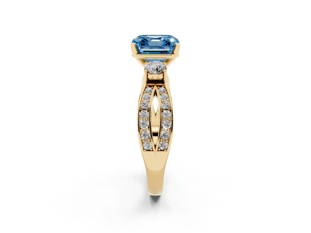 Fancy Blue Three-Stone Asscher Cut Cut Diamond Twist Band with Prong Setting Yellow gold