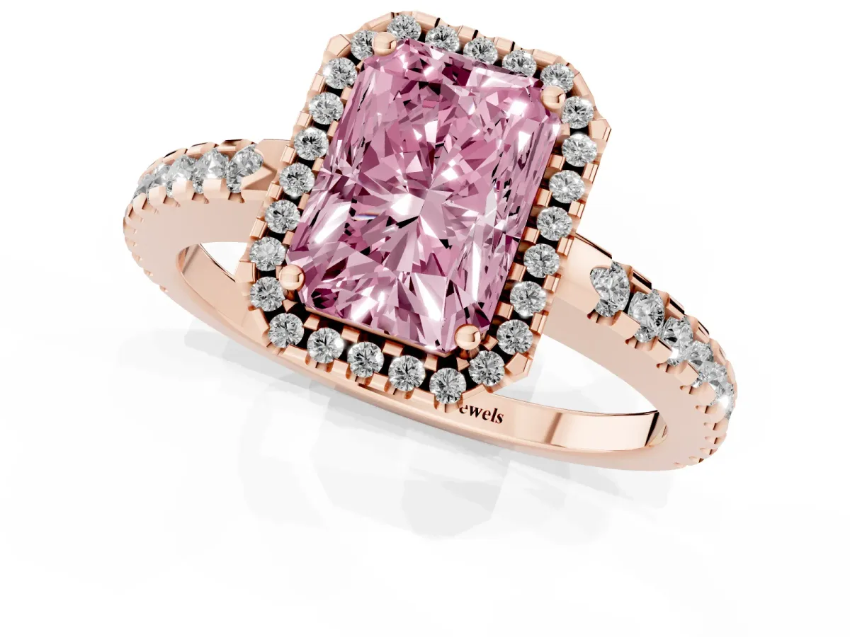 Fancy Pink Radiant Cut Diamond Halo Engagement Ring with Pavé Band and Prong Setting Rose gold