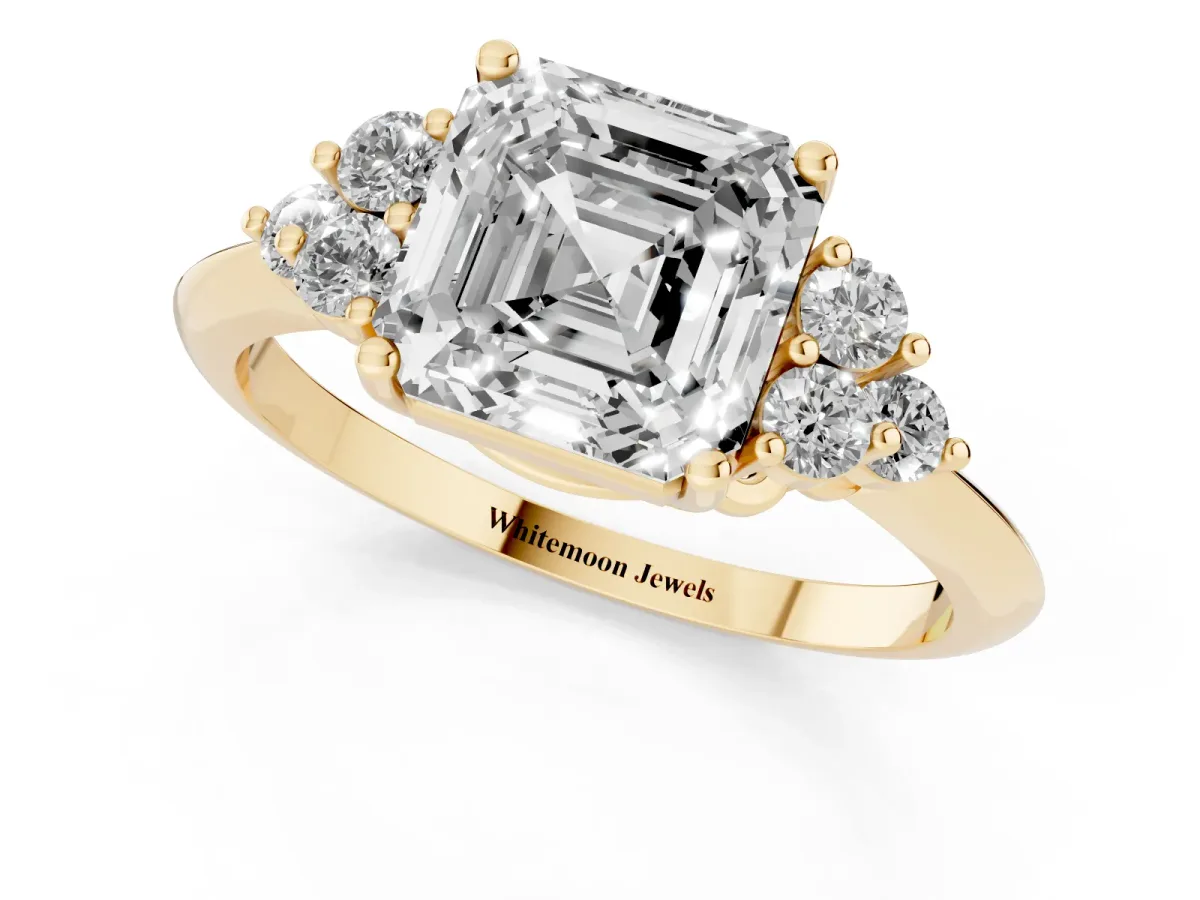 Asscher Cut Cut Diamond Cluster Ring with Solitaire Band and Four-Prong Setting Yellow gold