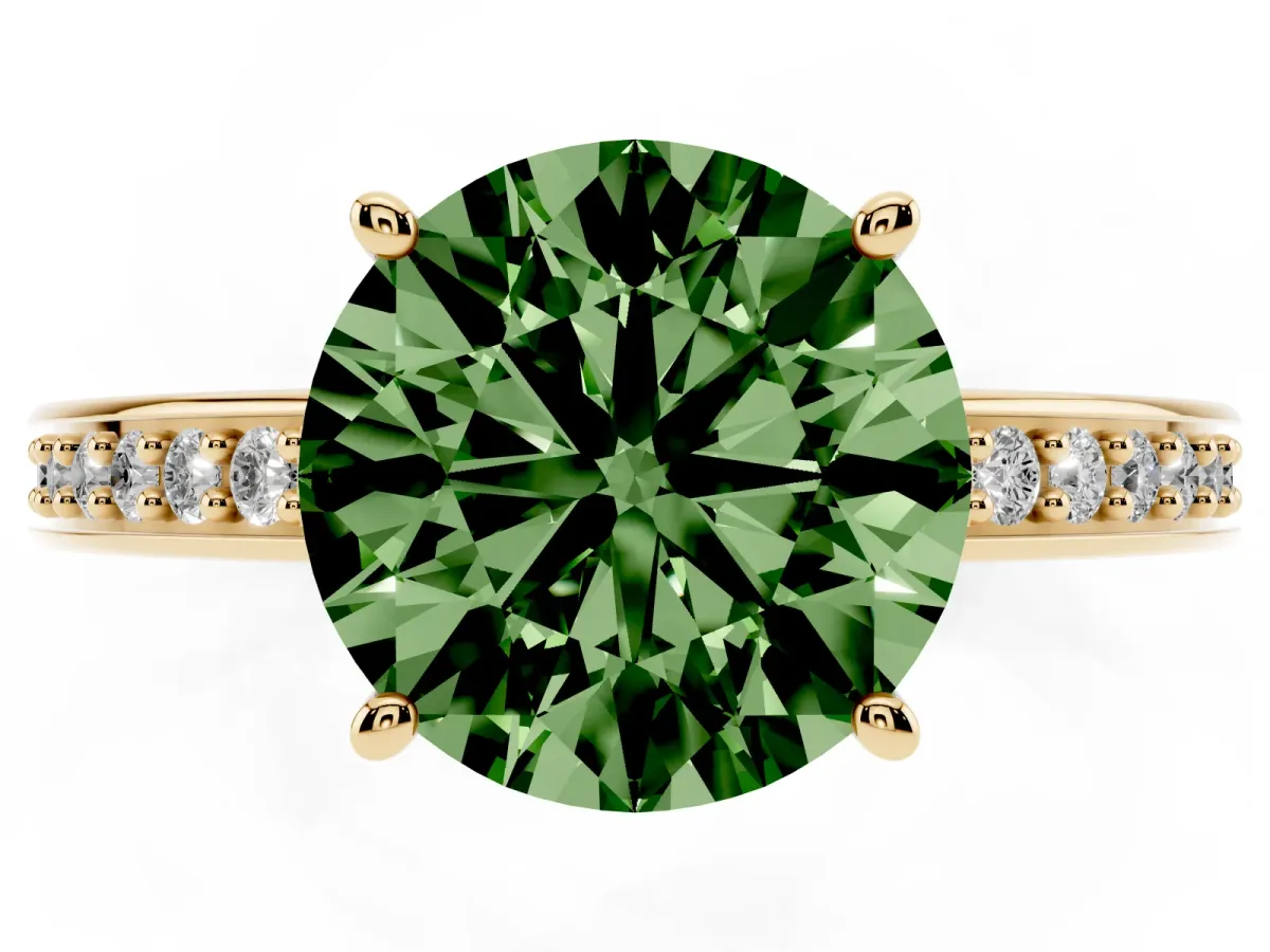 Fancy Green Round Cut Solitaire Pavé Band Prong Setting Ring Yellow gold