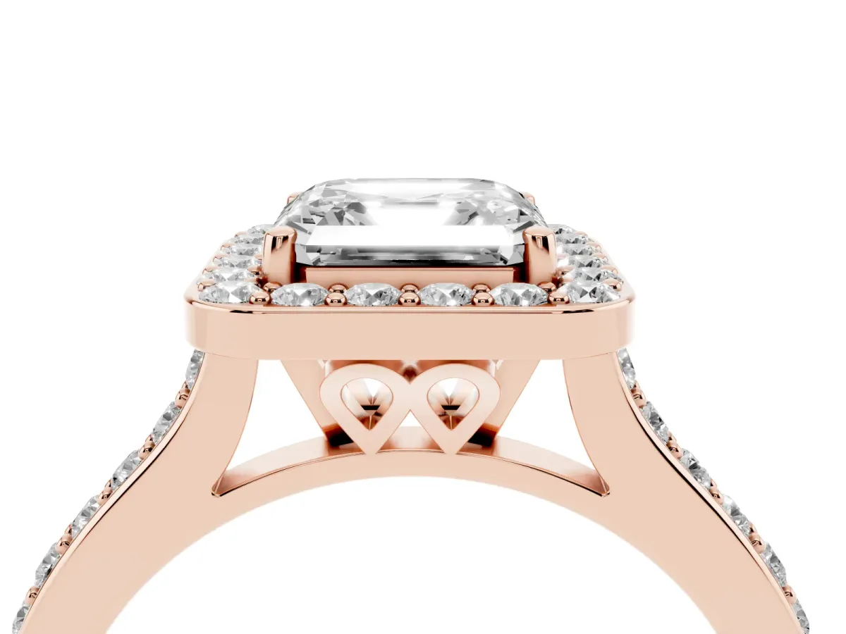 Asscher Cut Diamond Halo Engagement Ring with Round Pavé Shoulders and Prong Setting Rose gold