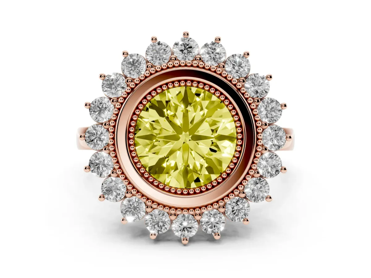 Fancy Yellow Round Cut Halo Diamond Ring with Milgrain Edge and Round Prong Setting Rose gold