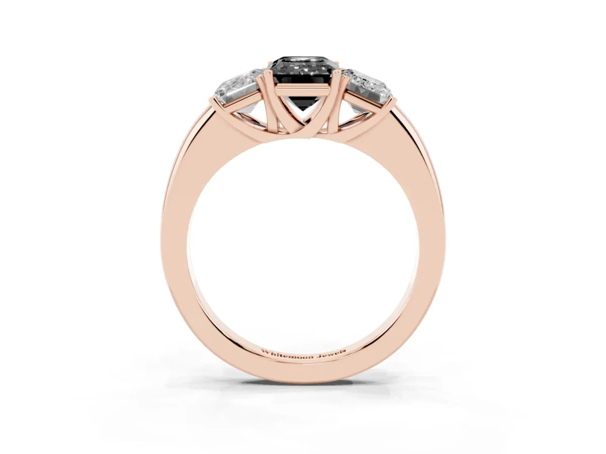Fancy Black Emerald Cut Diamond Three-Stone Ring with Four-Prong Setting and Classic Band Rose gold