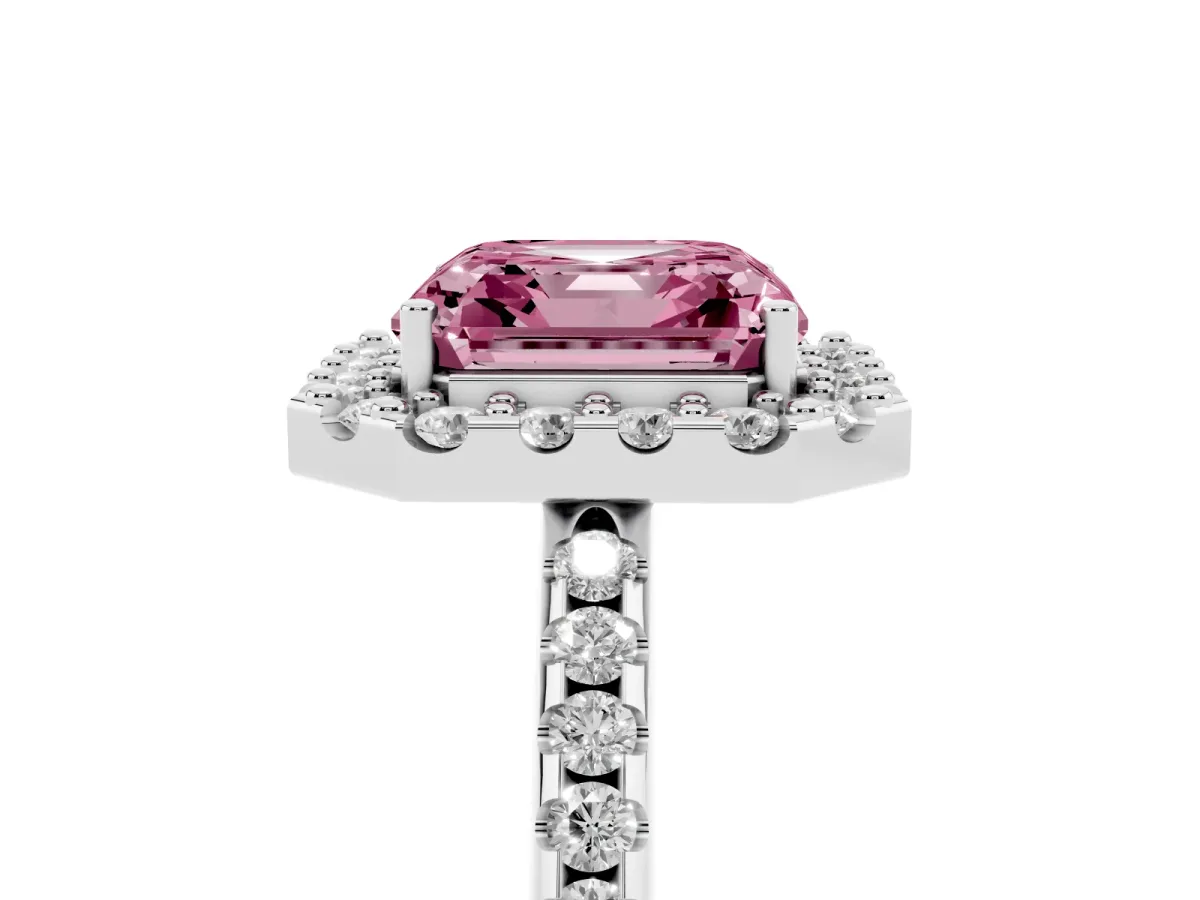 Fancy Pink Asscher Cut Diamond Pavé Halo Ring with Four-Prong Setting Silver