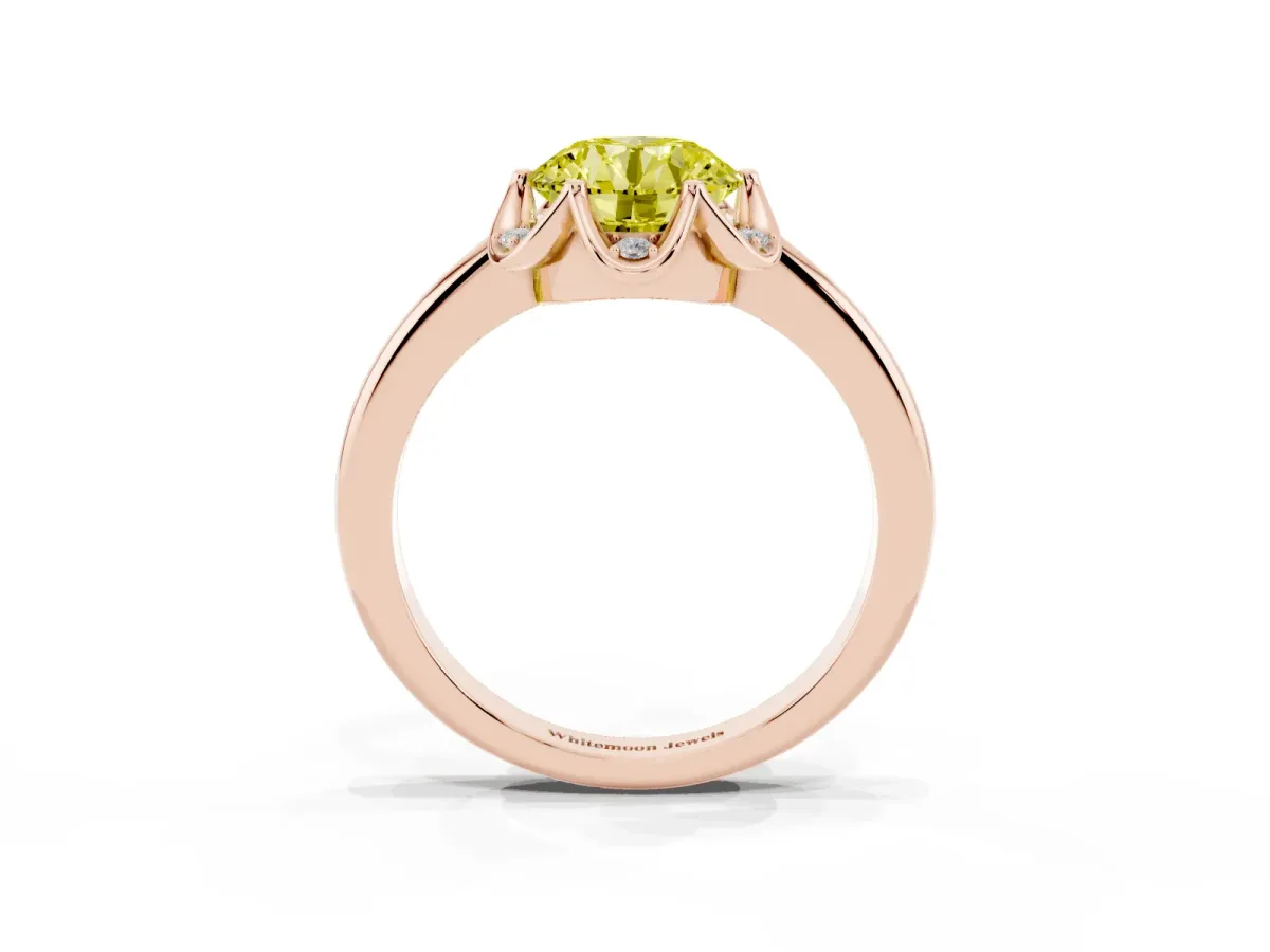 Fancy Yellow Round Cut Halo Diamond Ring with Round Cluster Setting, Solitaire Band, and Four-Prong Setting Rose gold