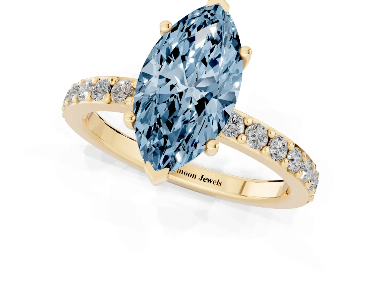 Fancy Blue Marquise Cut Cut Diamond Solitaire with Pave Band and Four-Prong Setting Yellow gold