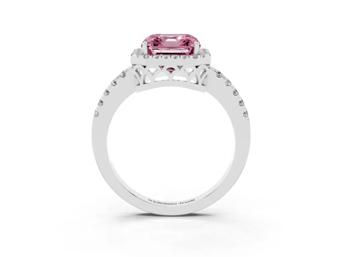 Fancy Pink Asscher Cut Halo Diamond Engagement Ring with Pavé Band and Four-Prong Setting Platinum