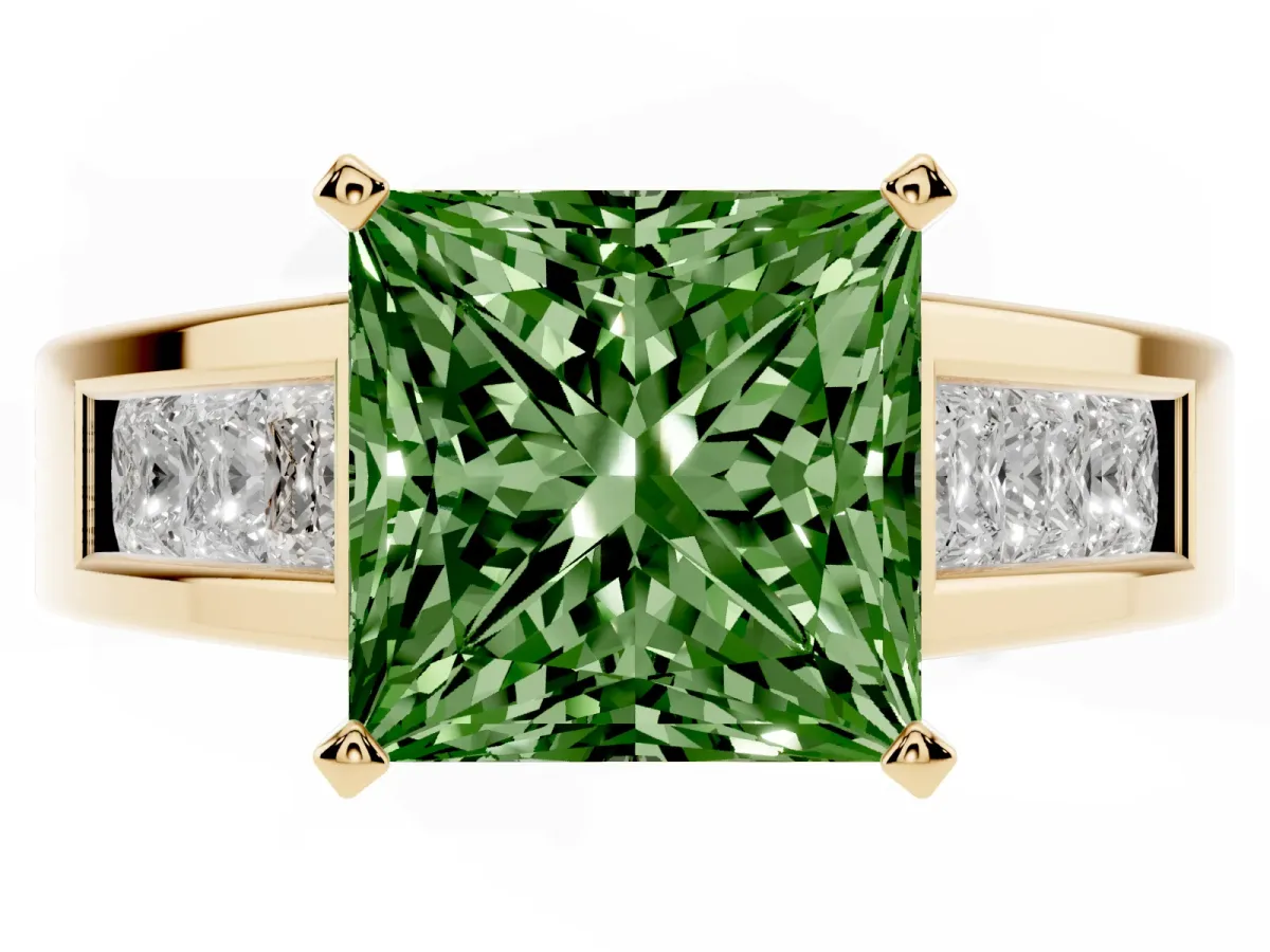 Fancy Green Princess Cut Cut Channel Set Solitaire Ring with Four-Prong Setting Yellow gold