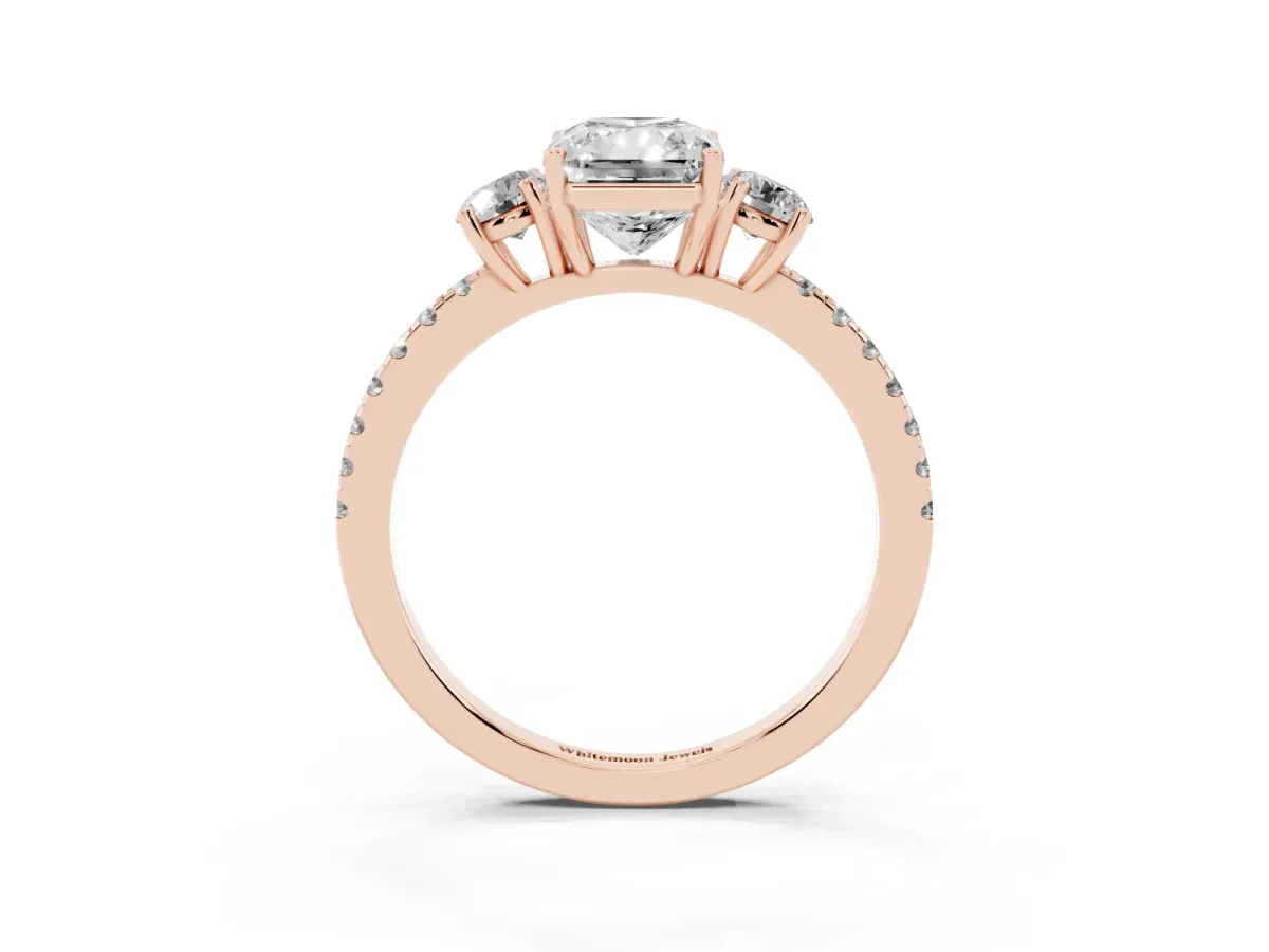Three-Stone Radiant Cut Cut Diamond Pavé Band with Prong Setting Rose gold