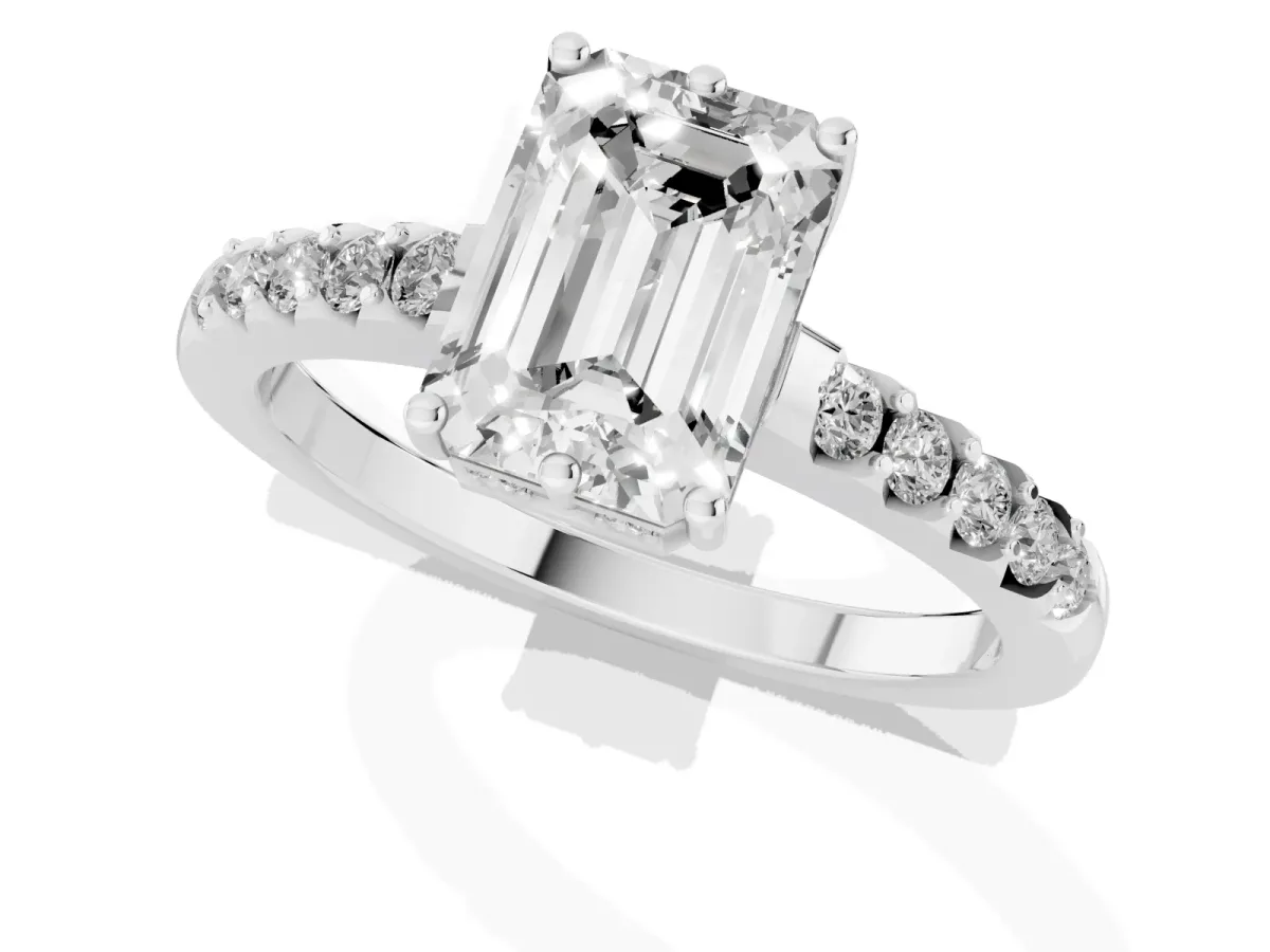 Emerald Cut Solitaire Diamond Engagement Ring with Pavé Band and Six-Prong Setting White gold