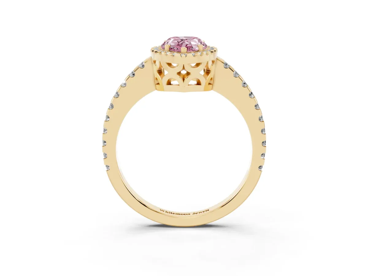 Fancy Pink Pear Cut Diamond Halo Engagement Ring with Pavé Band and Prong Setting Yellow gold