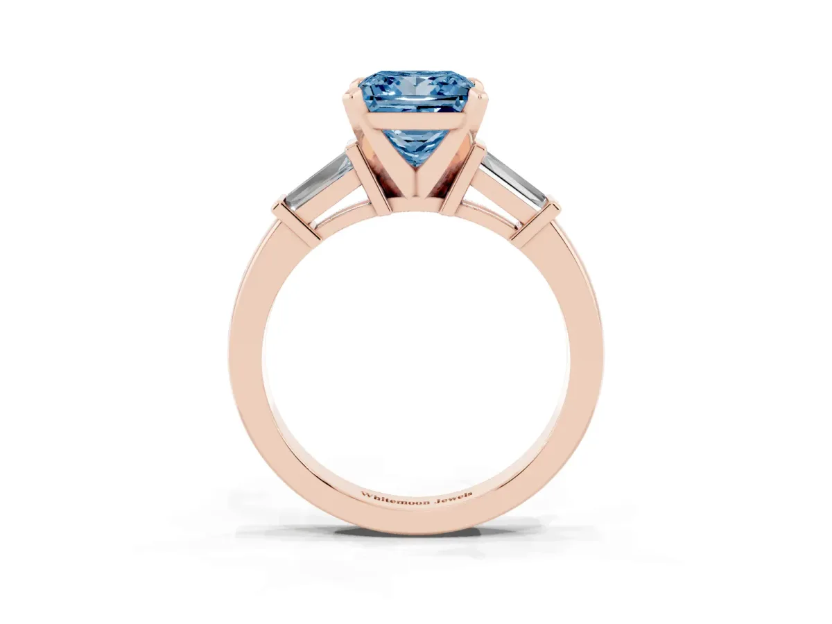 Fancy Blue Princess Cut Cut Diamond Solitaire Ring with Tapered Baguette Accents and Four-Prong Setting Rose gold