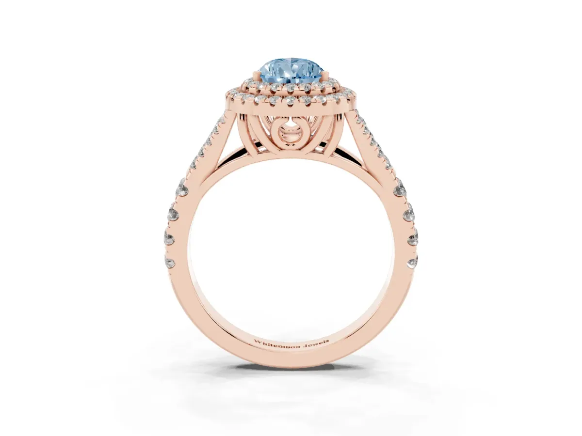 Fancy Blue Pear Cut Diamond Double Halo Ring with Split Shank and Prong Setting Rose gold