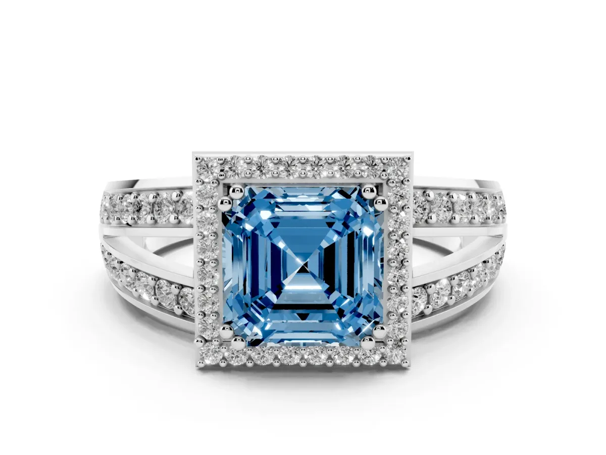 Fancy Blue Asscher Cut Diamond Halo Ring with Split Shank Pavé Band and Four-Prong Setting Silver