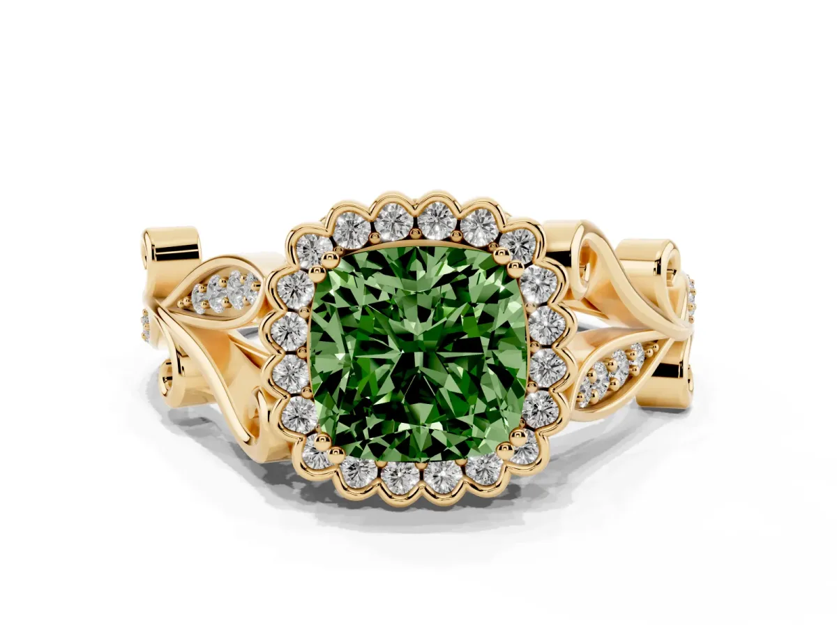 Fancy Green Cushion Cut Diamond Halo Ring with Vintage Split Shank and Four-Prong Setting Yellow gold