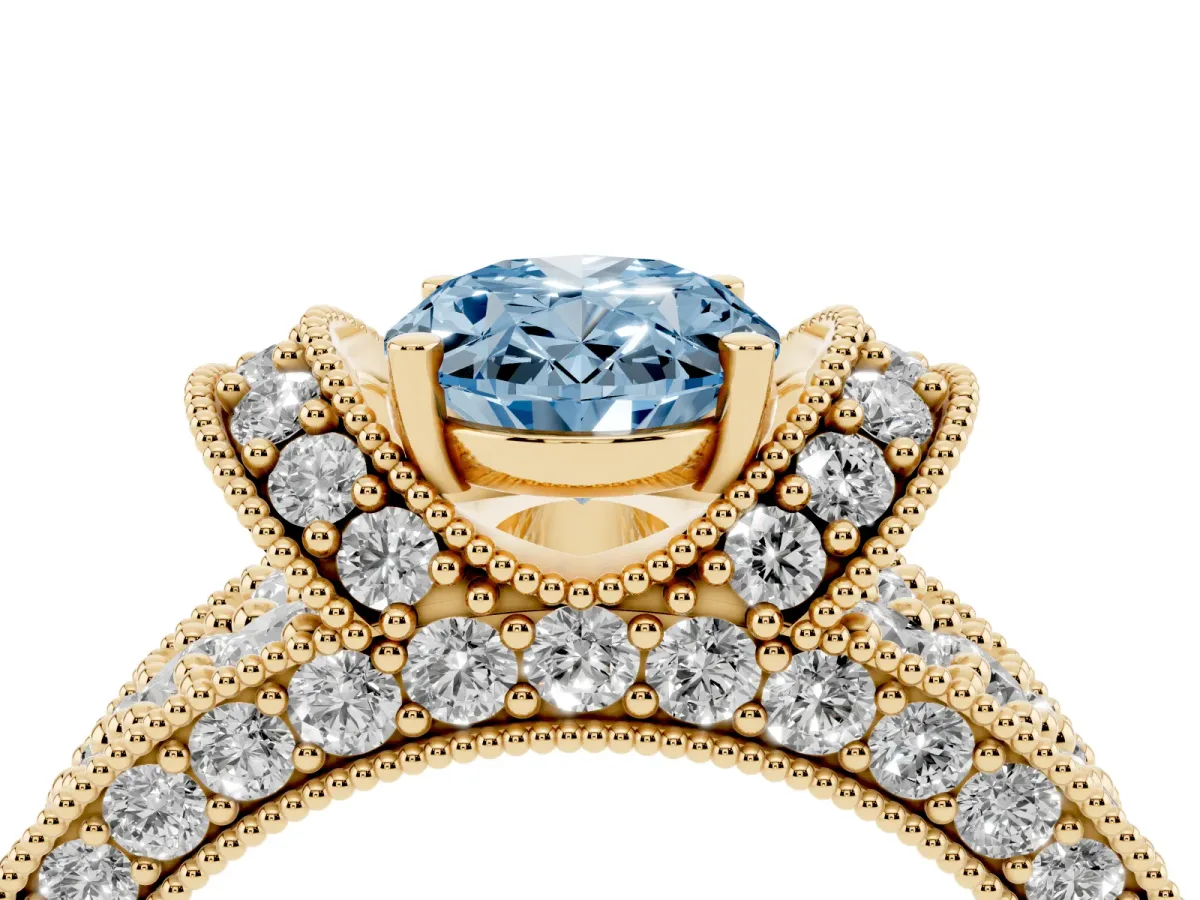 Fancy Blue Oval Cut Halo Pave Diamond Engagement Ring with Milgrain Detailing Yellow gold
