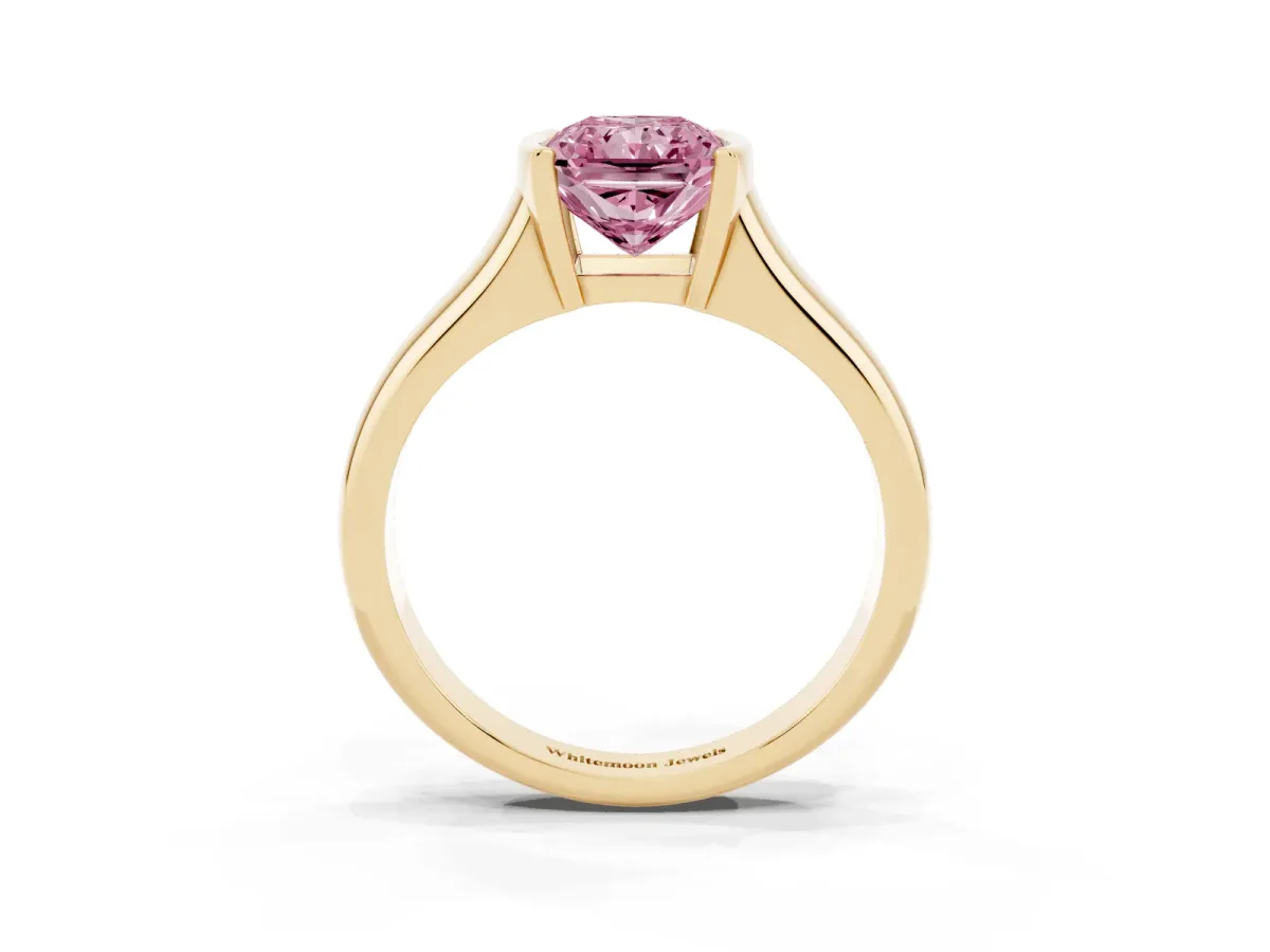 Fancy Pink Radiant Cut Solitaire Tension Set Diamond Ring with Split Shank Band Yellow gold