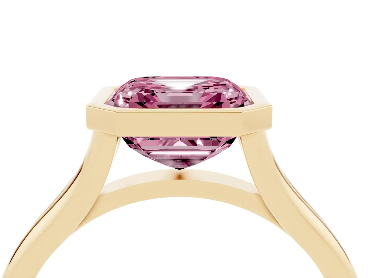 Fancy Pink Bezel Set Asscher Cut Cut Solitaire Ring with Tapered Band Yellow gold