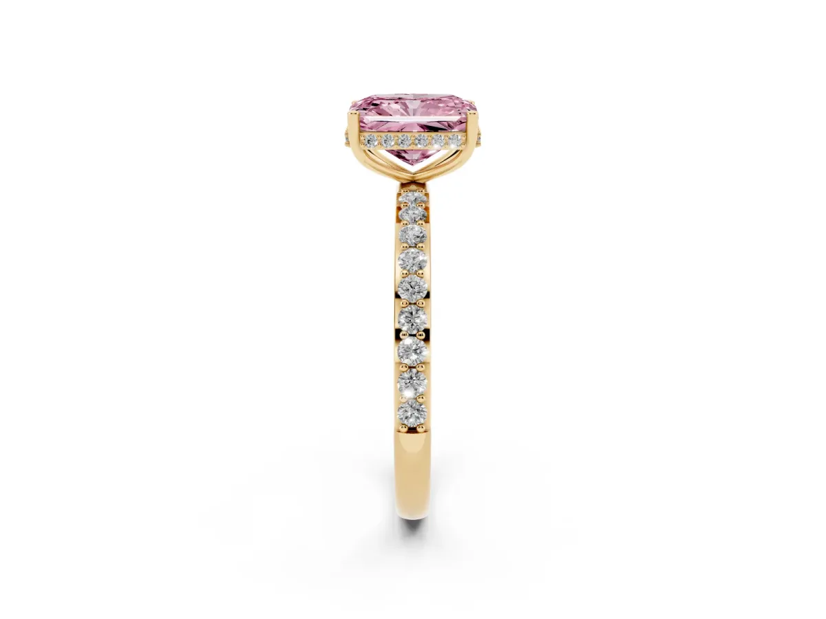Fancy Pink Radiant Cut Diamond Solitaire Ring with Pavé Band and Hidden Halo Yellow gold