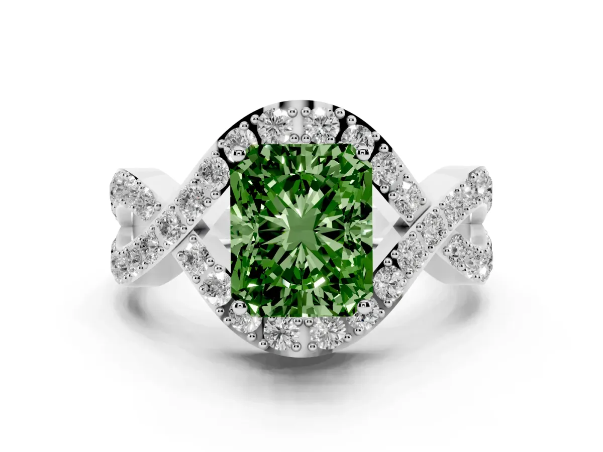 Fancy Green Radiant Cut Solitaire Twist Band Pavé Diamond Engagement Ring Platinum