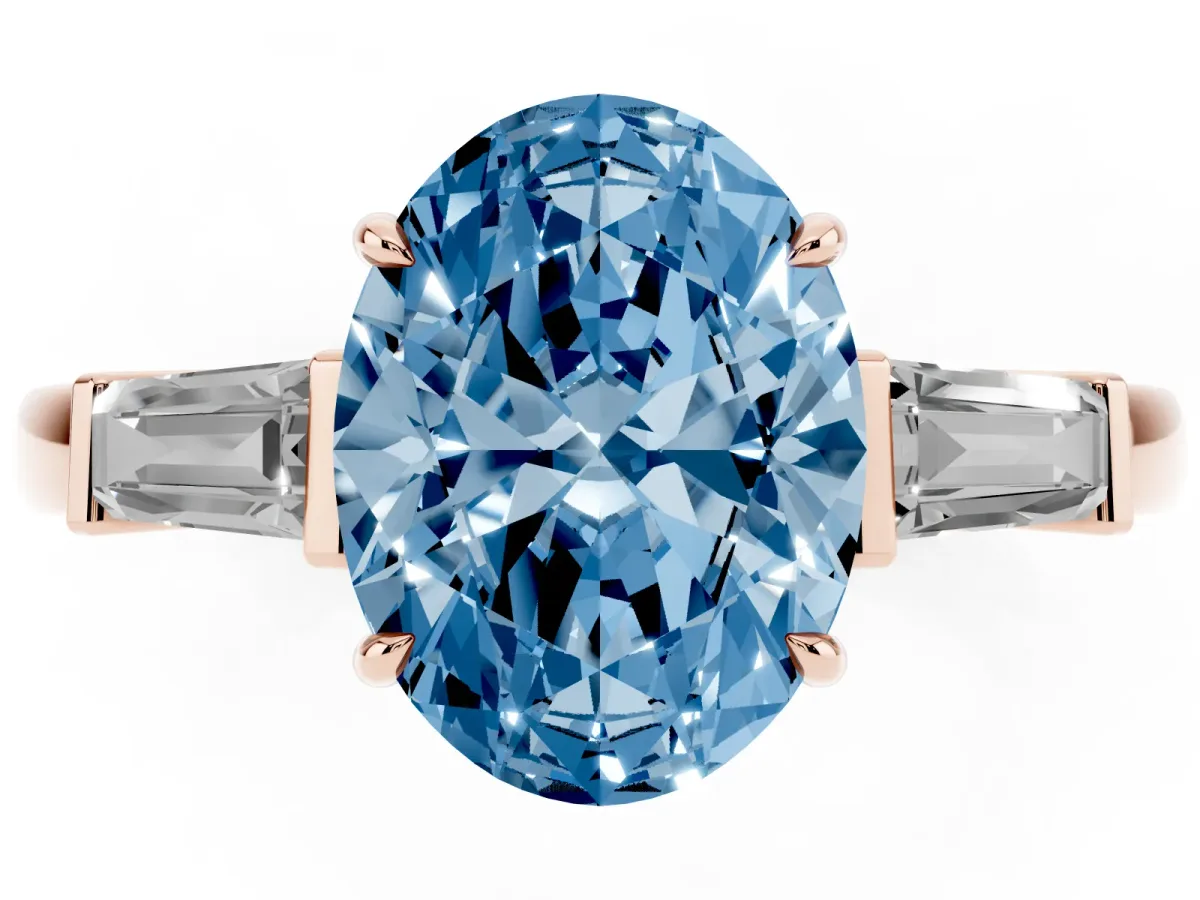 Fancy Blue Oval Cut Diamond Three-Stone Ring with Tapered Baguette Side Stones and Prong Setting Rose gold