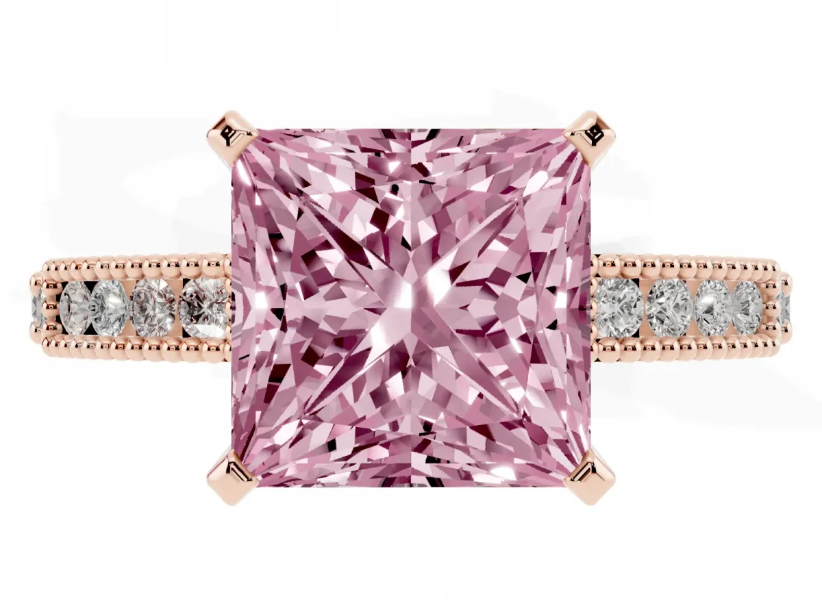 Fancy Pink Princess Cut Solitaire with Pavé Band and Four-Prong Setting Rose gold