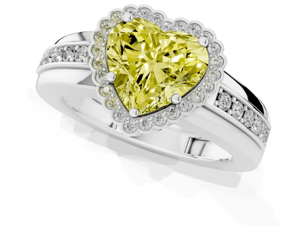 Fancy Yellow Heart Cut Cut Halo Pave Band Four-Prong Ring Silver