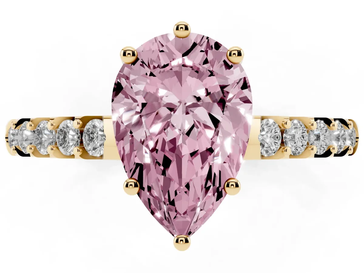 Fancy Pink Pear Cut Solitaire Diamond Engagement Ring with Pavé Band and Six-Prong Setting Yellow gold
