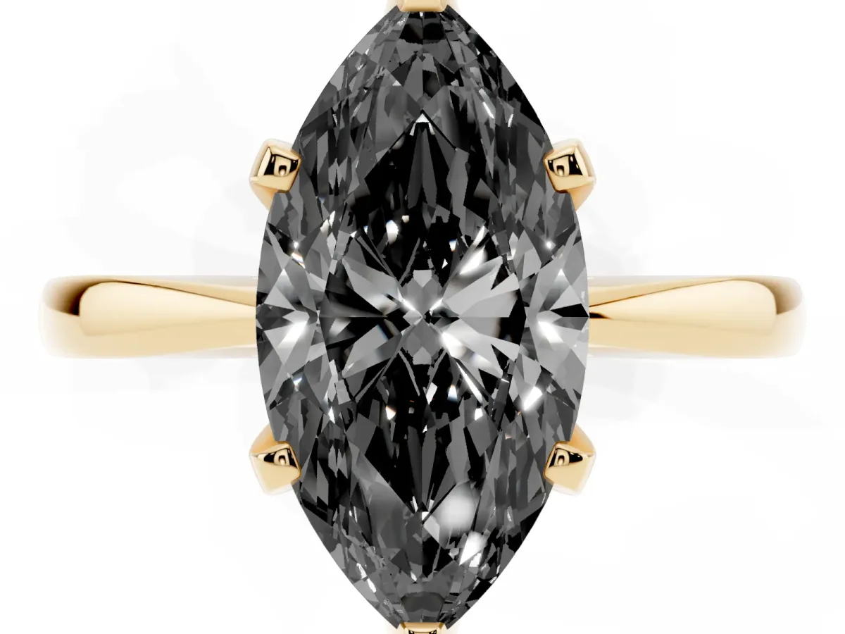 Fancy Black Marquise Cut Solitaire Engagement Ring with Six-Prong Setting and Tapered Band Yellow gold