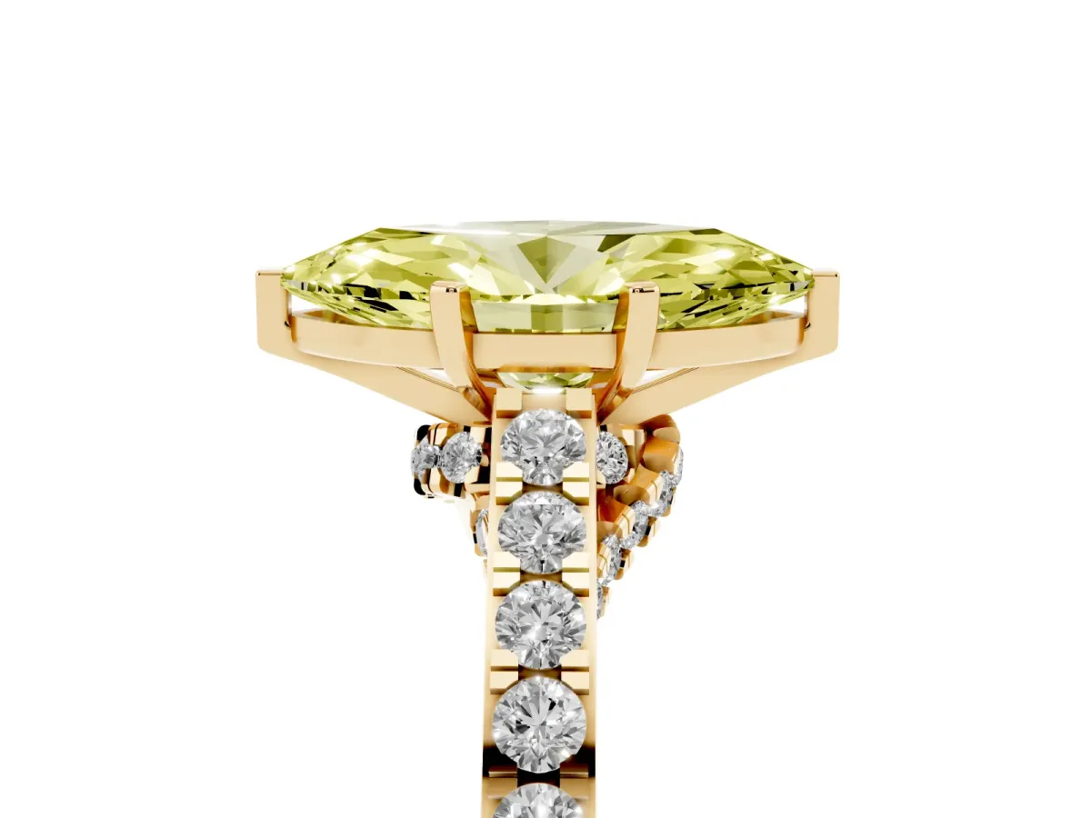 Fancy Yellow Marquise Cut Diamond Solitaire Ring with Crossover Gallery and Round Pavé Band Yellow gold