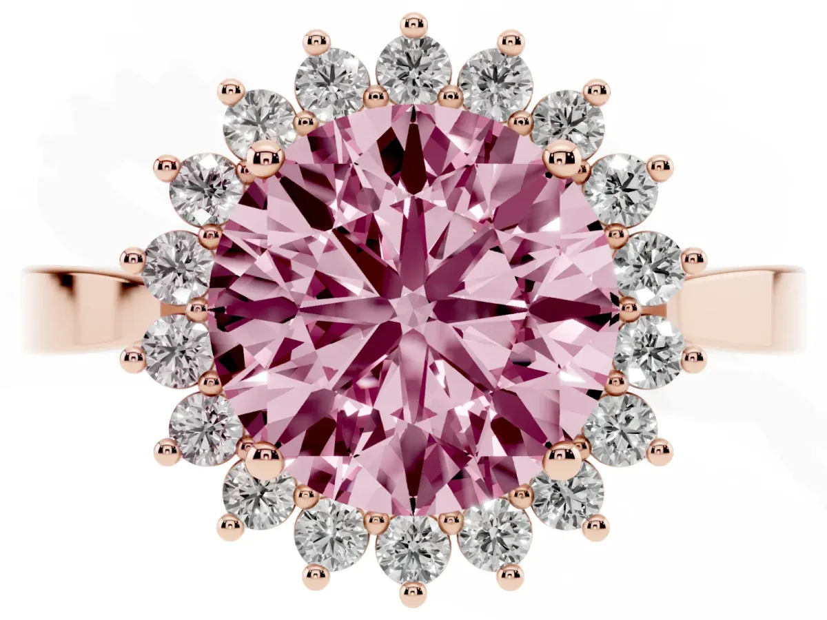 Fancy Pink Round Cut Cut Diamond Halo Ring with Round Brilliant Halo and Solitaire Band Rose gold