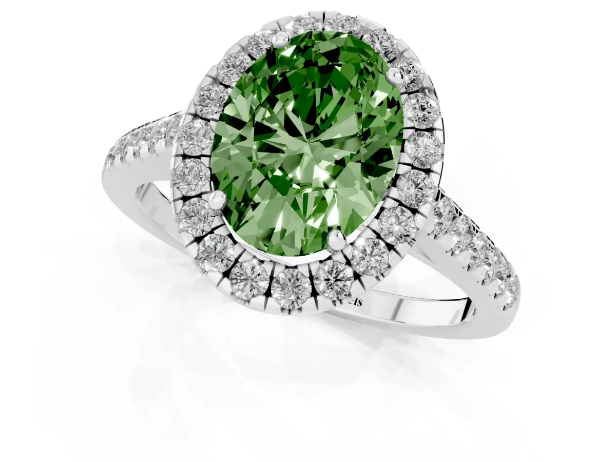 Fancy Green Oval Cut Halo Pave Diamond Engagement Ring with Four-Prong Setting Silver