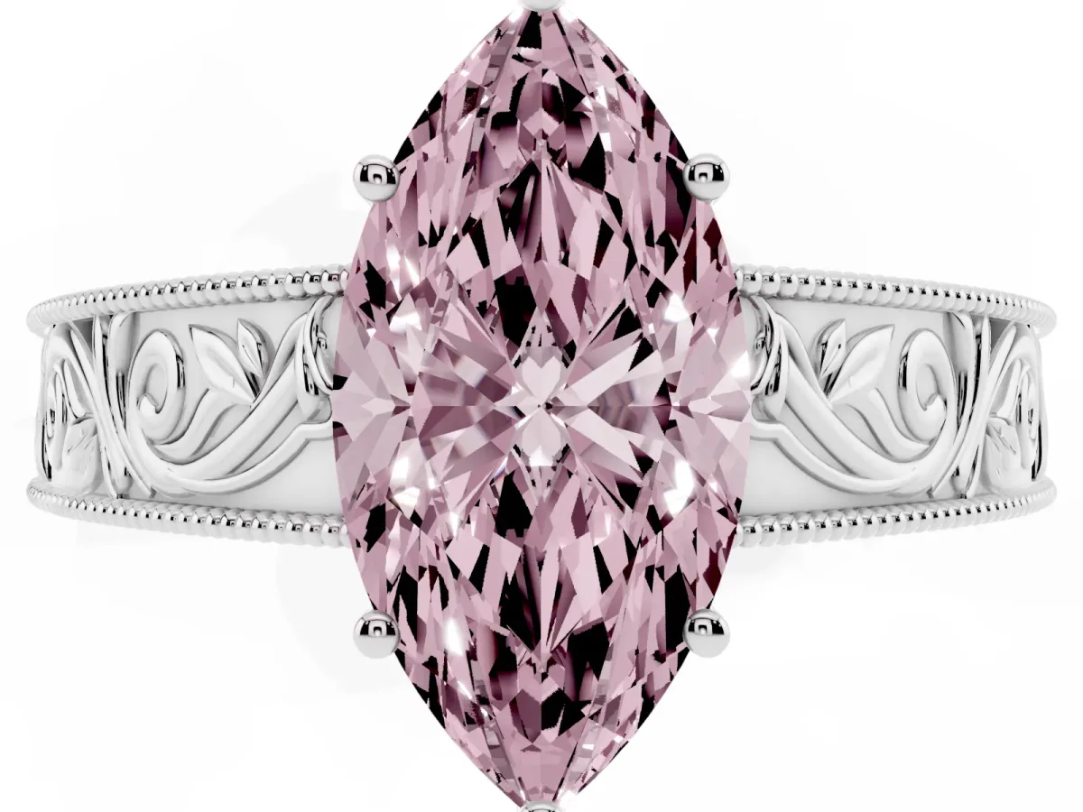 Fancy Pink Marquise Cut Diamond Solitaire Ring with Engraved Band and Four-Prong Setting White gold