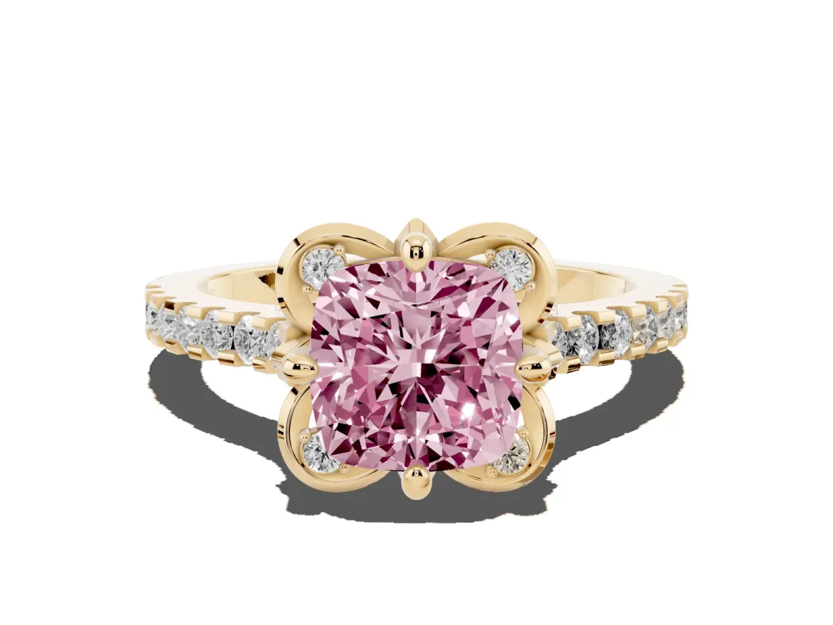 Fancy Pink Cushion Cut Diamond Ring with Pavé Band and Floral Prong Setting Yellow gold