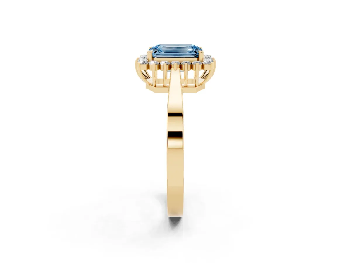 Fancy Blue Emerald Cut Cut Diamond Halo Ring with Round Brilliant Halo and Solitaire Band Yellow gold