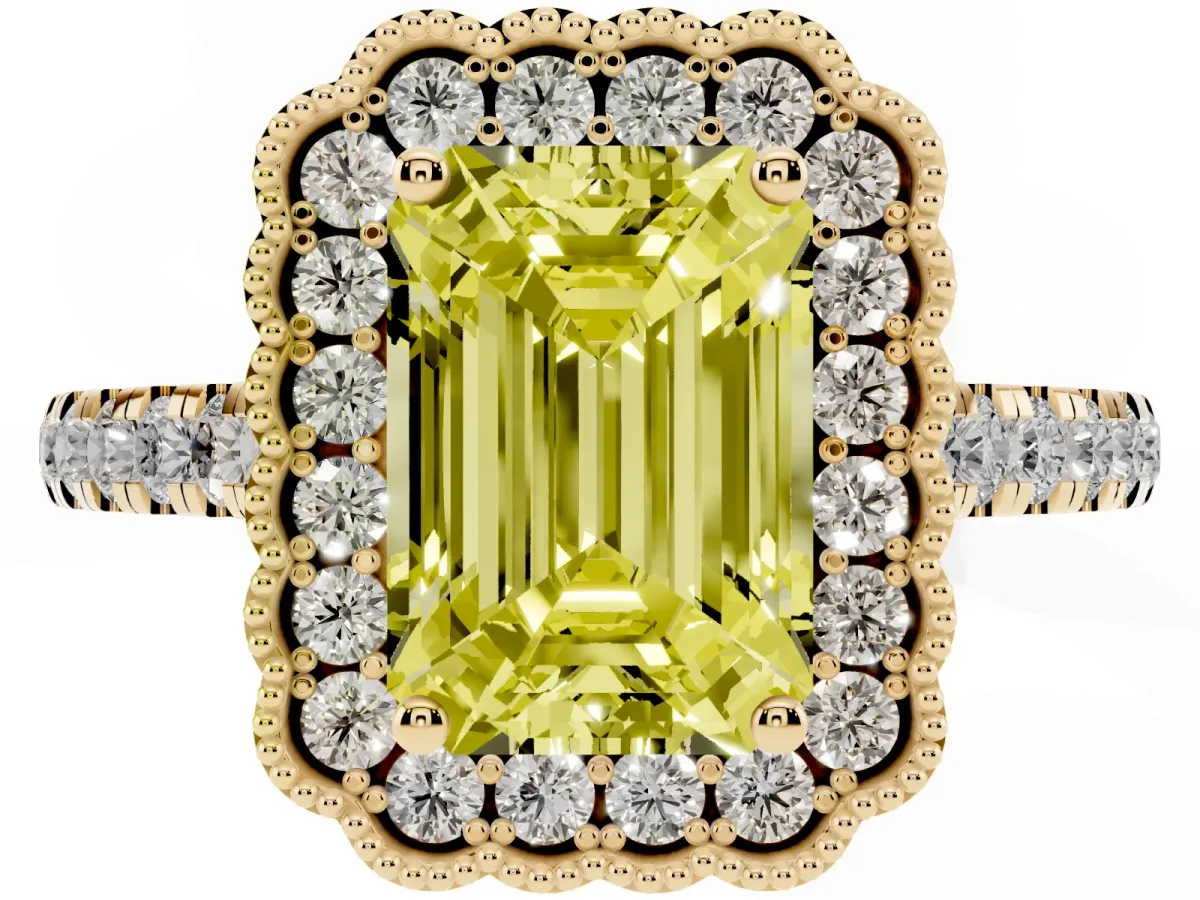 Fancy Yellow Emerald Cut Cut Diamond Milgrain Floral Halo Engagement Ring with Pavé Band Yellow gold