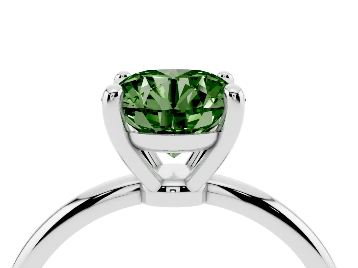 Fancy Green Round Cut Solitaire Diamond Ring with 4-Prong Setting on a Classic Band Silver