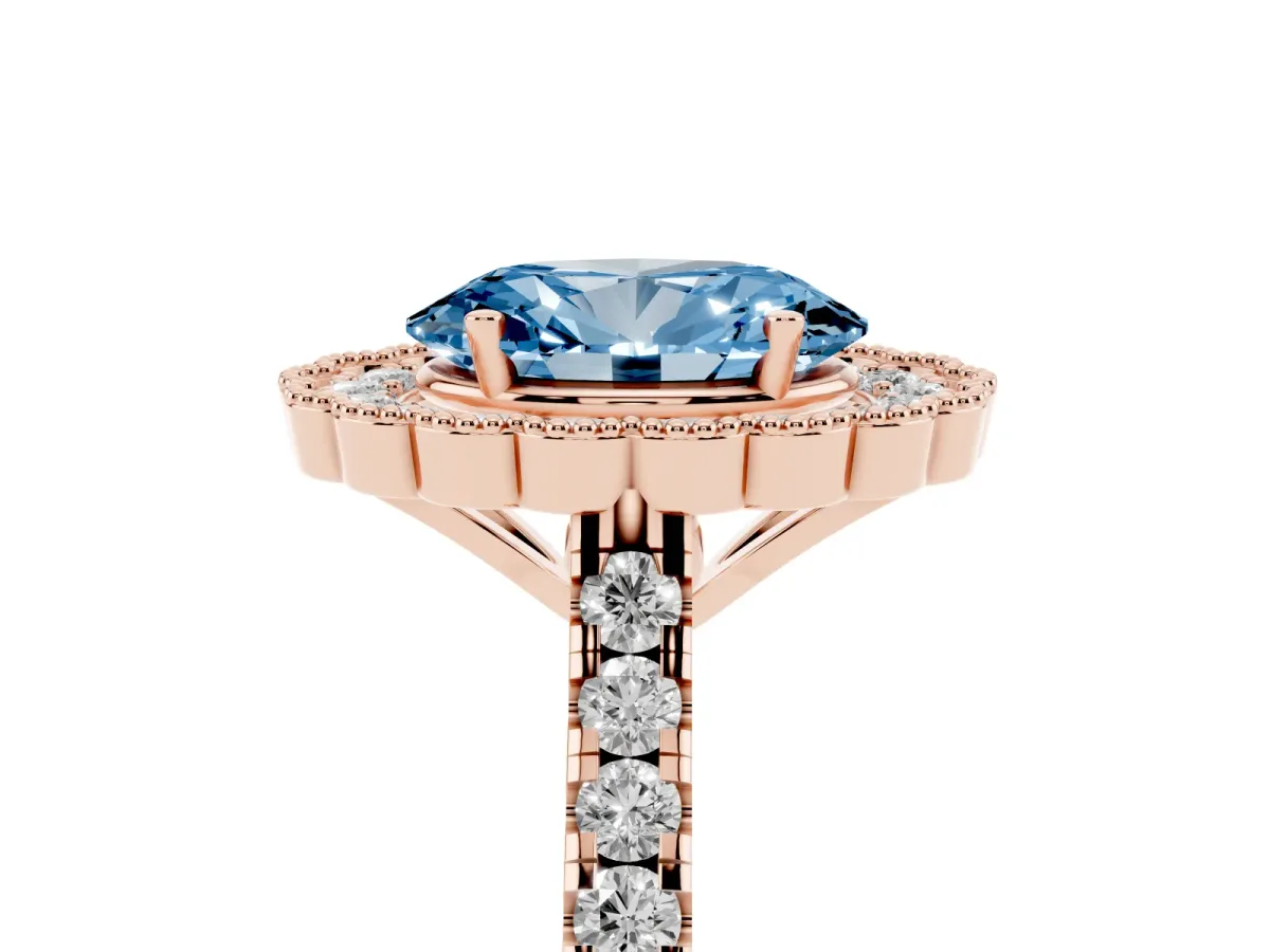 Fancy Blue Oval Cut Cut Diamond Milgrain Floral Halo Engagement Ring with Pavé Band Rose gold