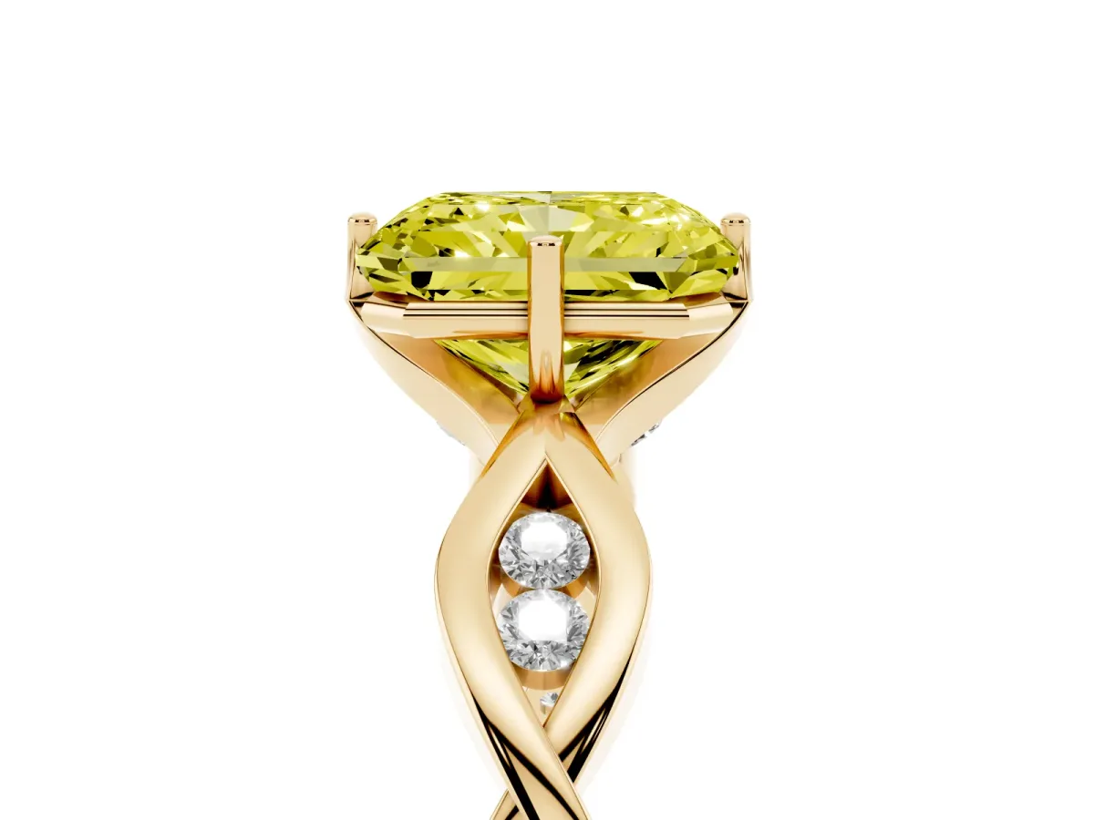 Fancy Yellow Radiant Cut Solitaire Twist Band with Leaf Prong Setting Yellow gold