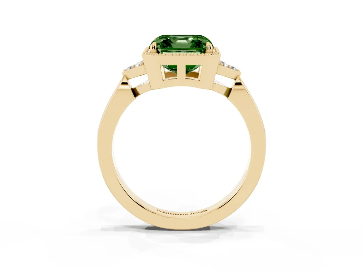 Fancy Green Asscher Cut Diamond Halo Ring with Tapered Band and Four-Prong Setting Yellow gold