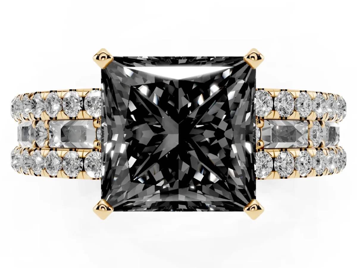 Fancy Black Princess Cut Diamond Solitaire Ring with Pavé and Channel Set Band Yellow gold