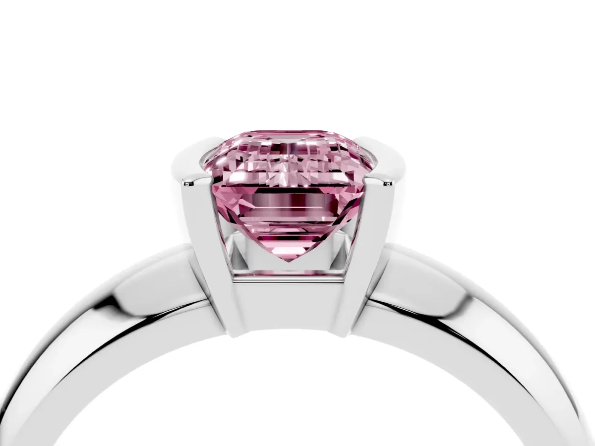 Fancy Pink Emerald Cut Solitaire Tension Set Diamond Ring with Wide Band White gold