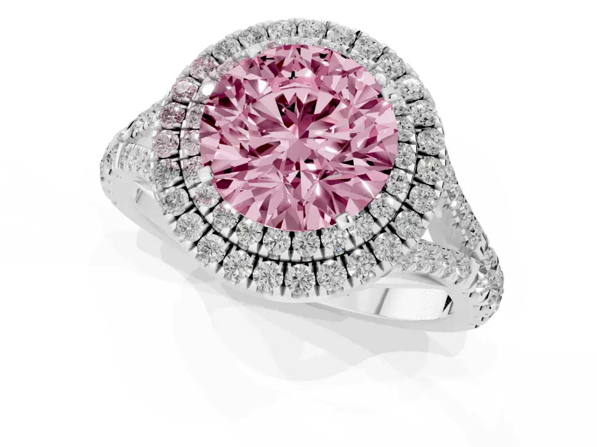 Fancy Pink Round Cut Cut Double Halo Split Shank Diamond Ring with Prong Setting Silver