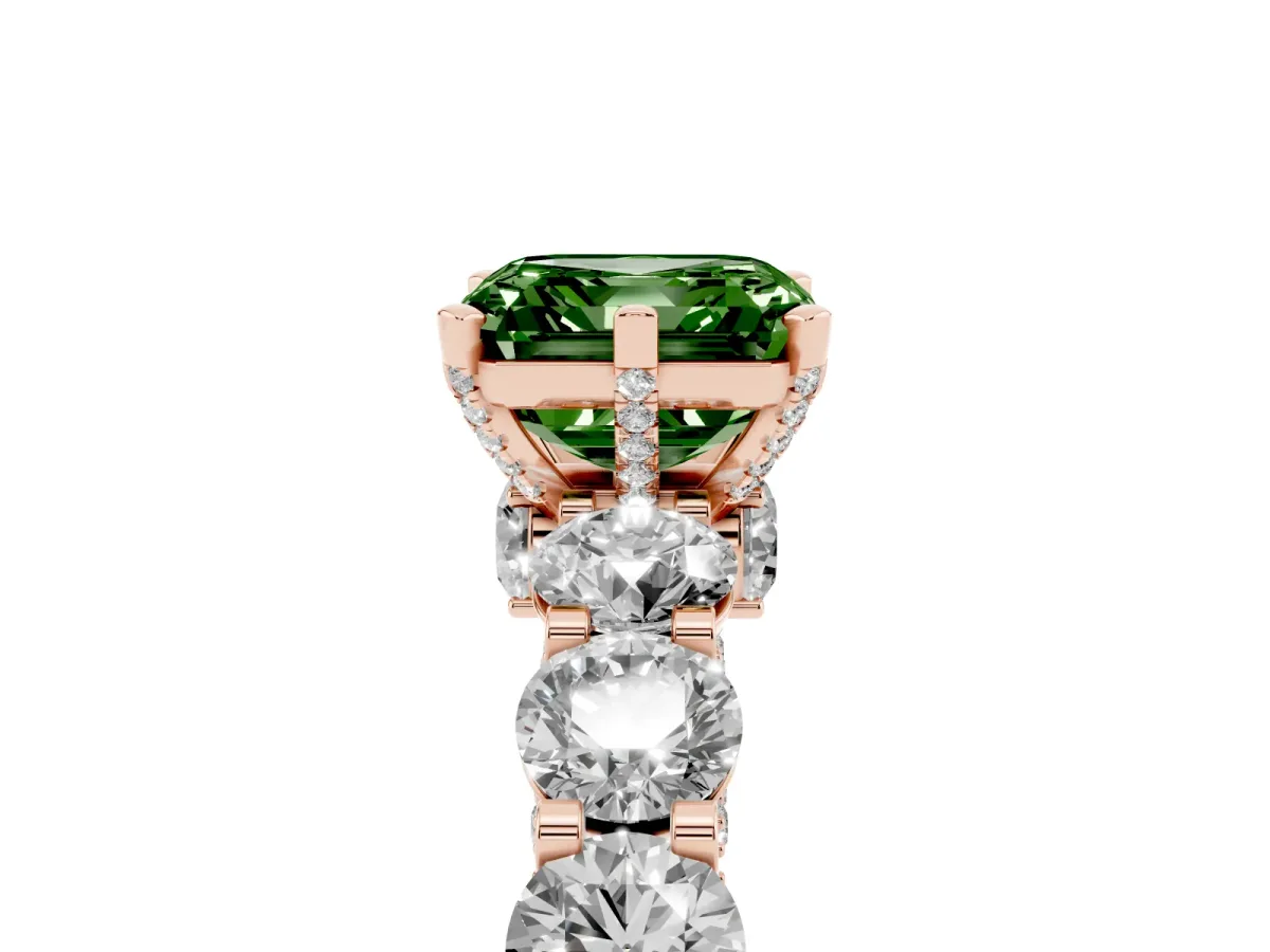 Fancy Green Asscher Cut Diamond Side Stone Engagement Ring with Four-Prong Setting Rose gold