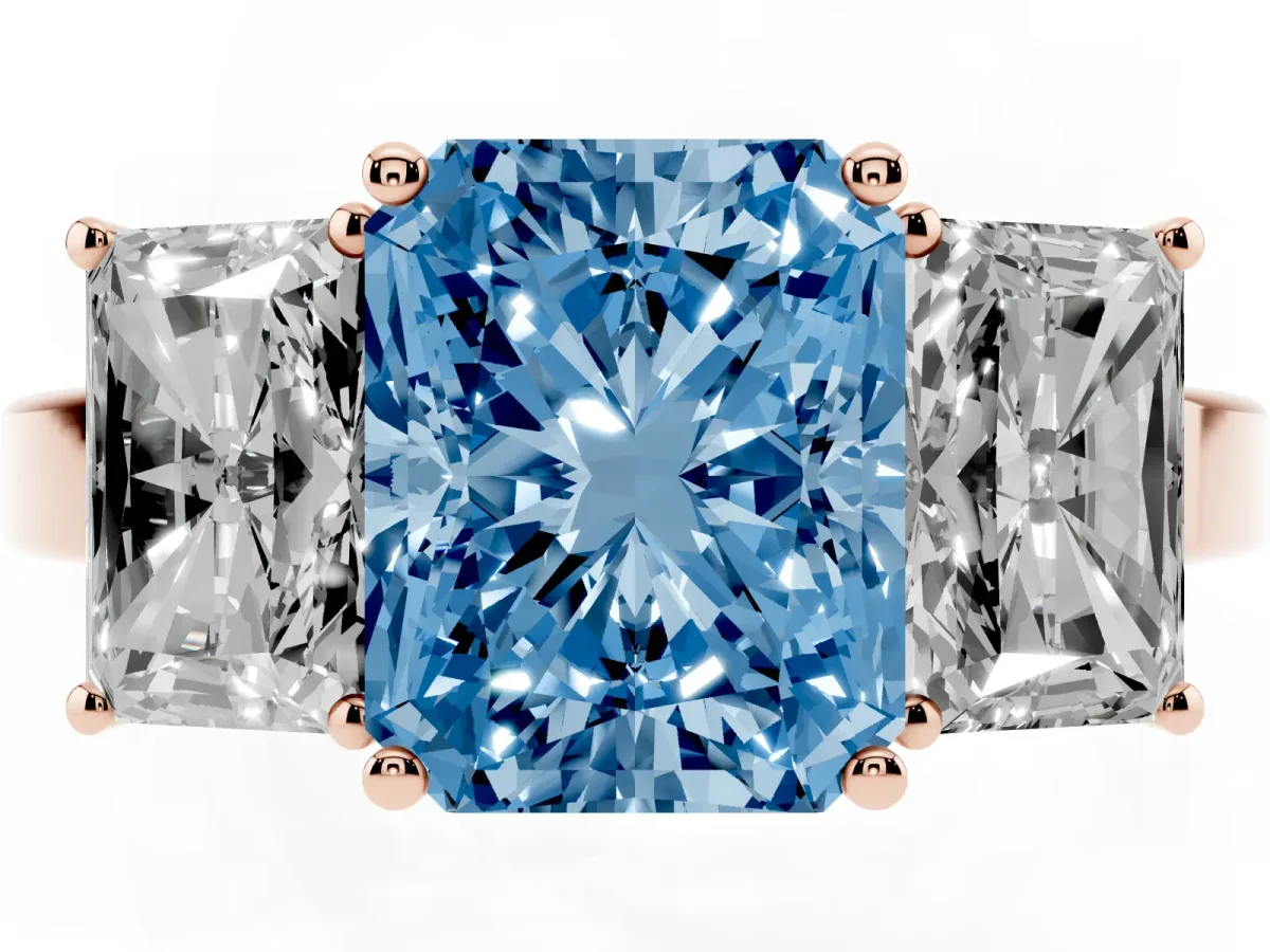 Fancy Blue Three-Stone Radiant Cut Cut Diamond Engagement Ring with Flat Band and Four-Prong Setting Rose gold