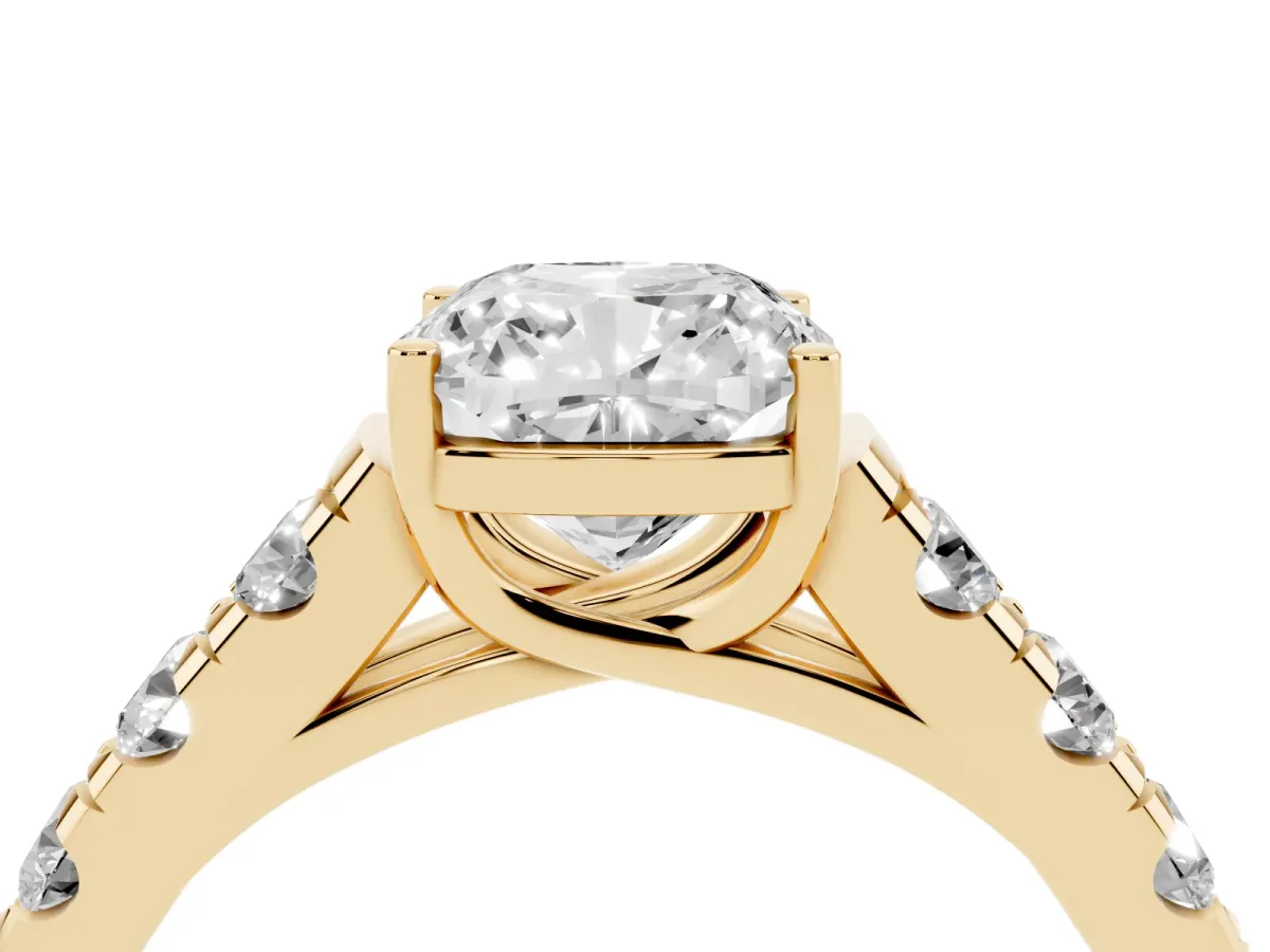 Cushion Cut Cut Diamond Solitaire Ring with Micro Pave Band and Prong Setting Yellow gold