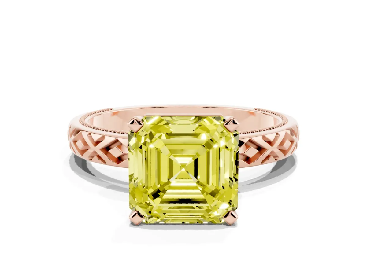 Fancy Yellow Asscher Cut Solitaire Diamond Ring with Milgrain and Black Enamel X Pattern Band Rose gold