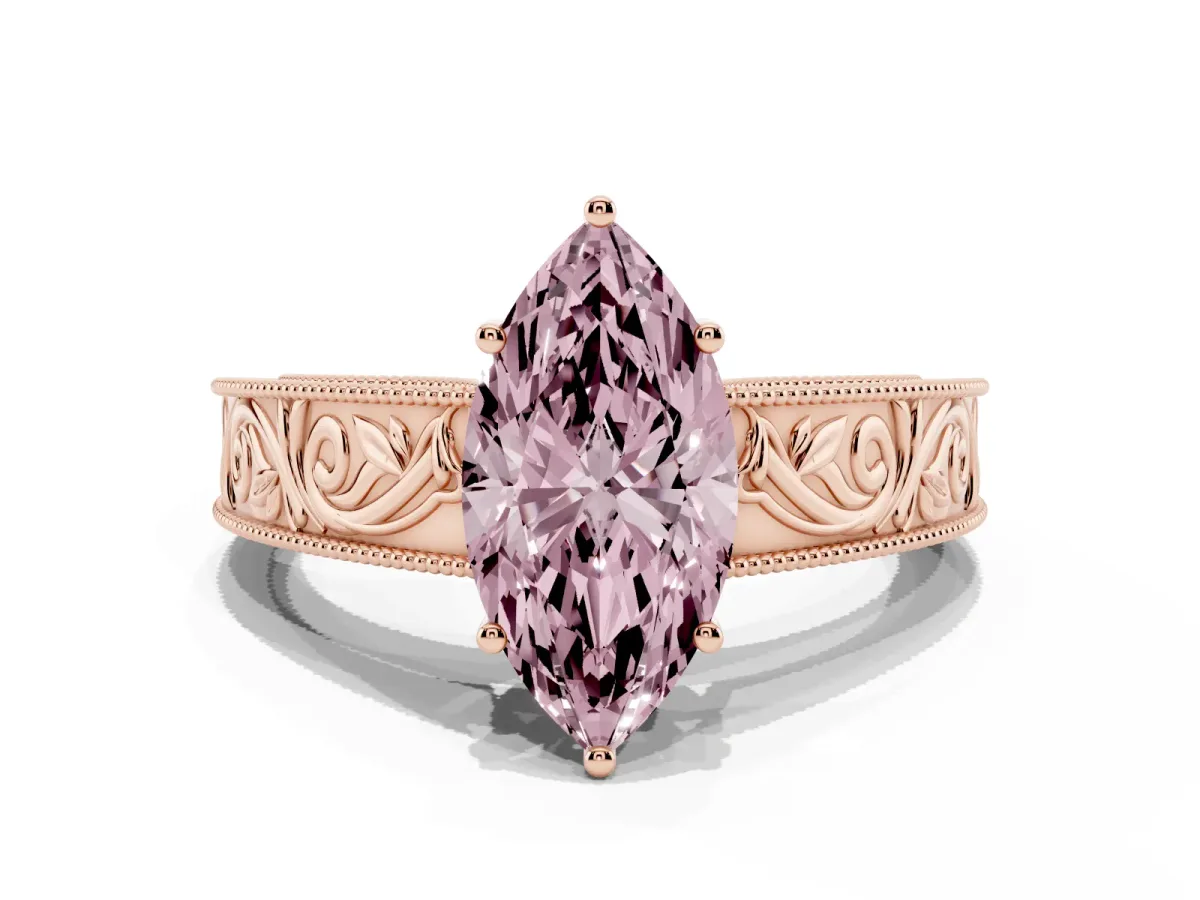 Fancy Pink Marquise Cut Diamond Solitaire Ring with Engraved Band and Four-Prong Setting Rose gold