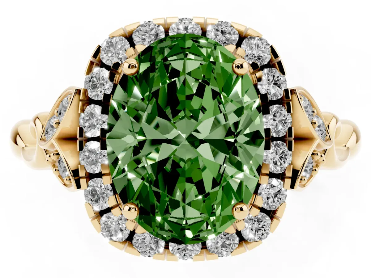 Fancy Green Oval Cut Halo Diamond Engagement Ring with Vintage-Inspired Band and Four-Prong Setting Yellow gold