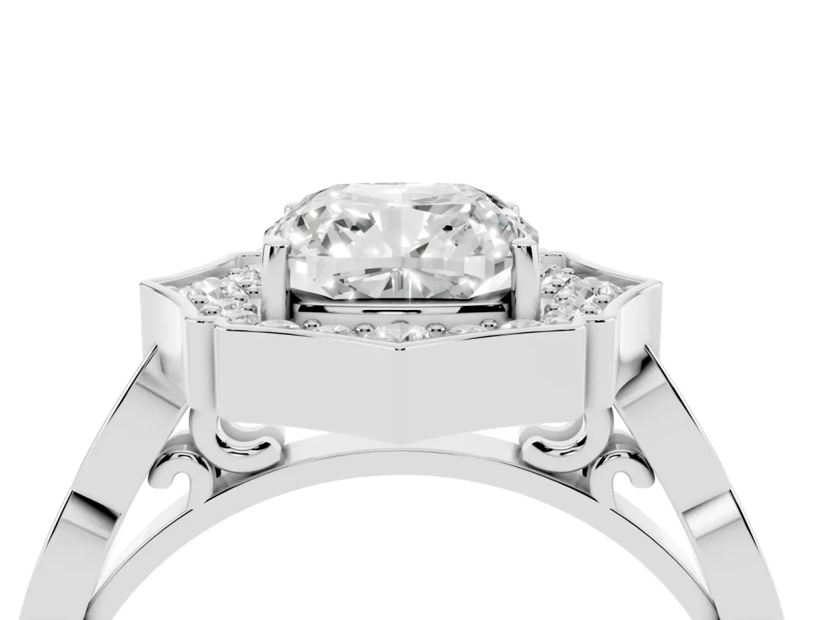 Cushion Cut Halo Diamond Engagement Ring with Milgrain Band and Four-Prong Setting Silver